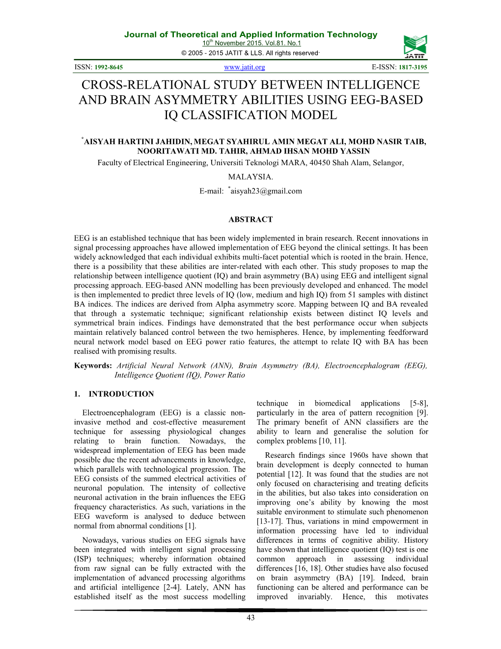 Cross-Relational Study Between Intelligence and Brain Asymmetry Abilities Using Eeg-Based Iq Classification Model