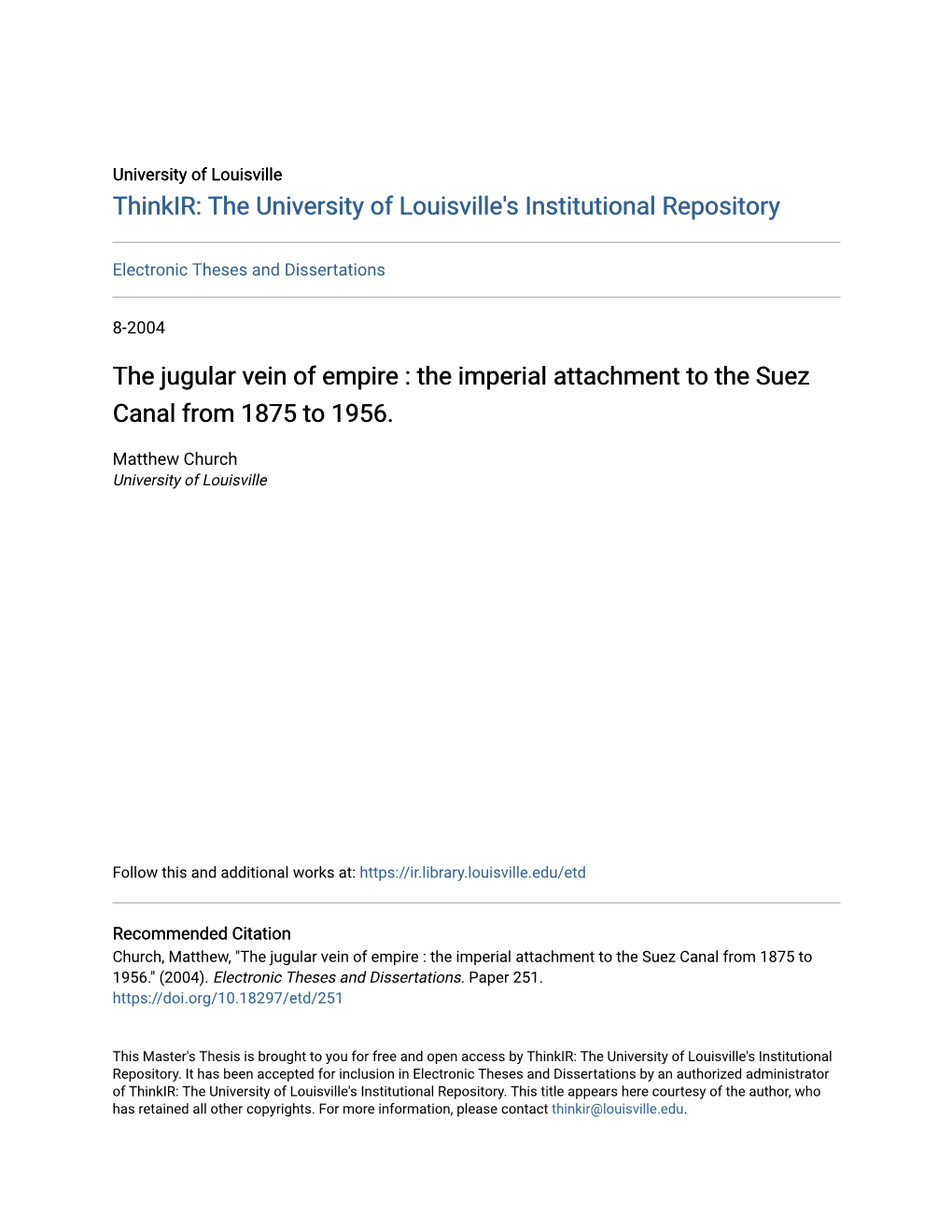 The Jugular Vein of Empire : the Imperial Attachment to the Suez Canal from 1875 to 1956