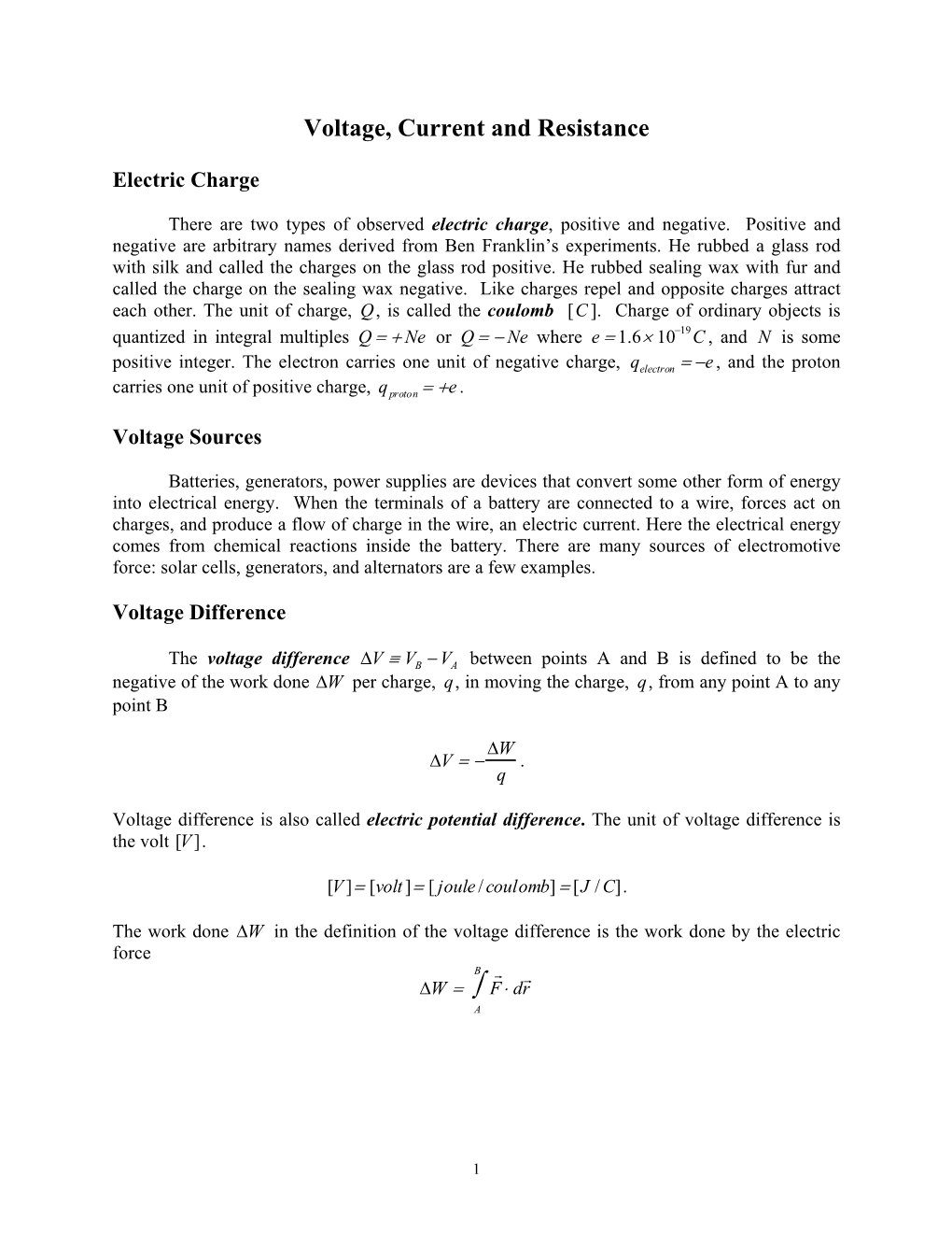 Voltage, Current and Resistance