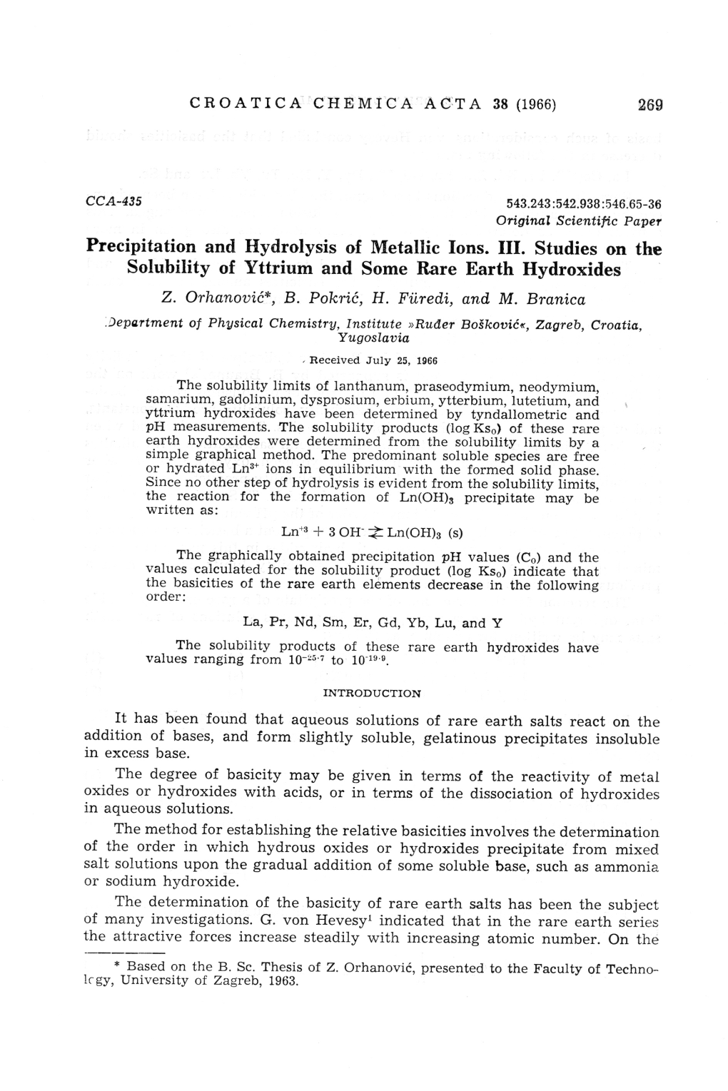 Precipitation and Hydrolysis of Metallic Ions. III. Studies on the Solubility of Yttrium and Some Rare Earth Hydroxides Z