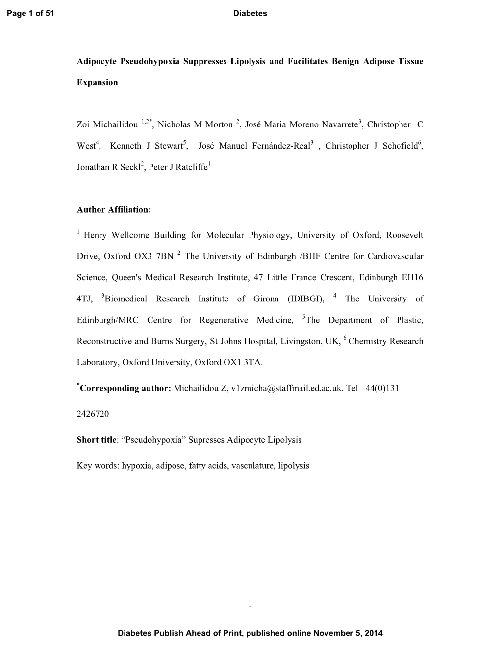 1 Adipocyte Pseudohypoxia Suppresses Lipolysis And