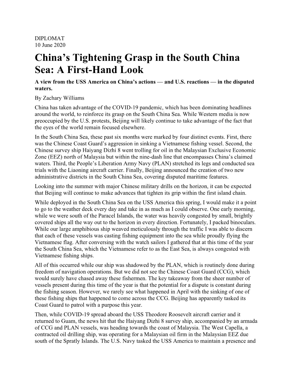 China's Tightening Grasp in the South China Sea: a First-Hand Look