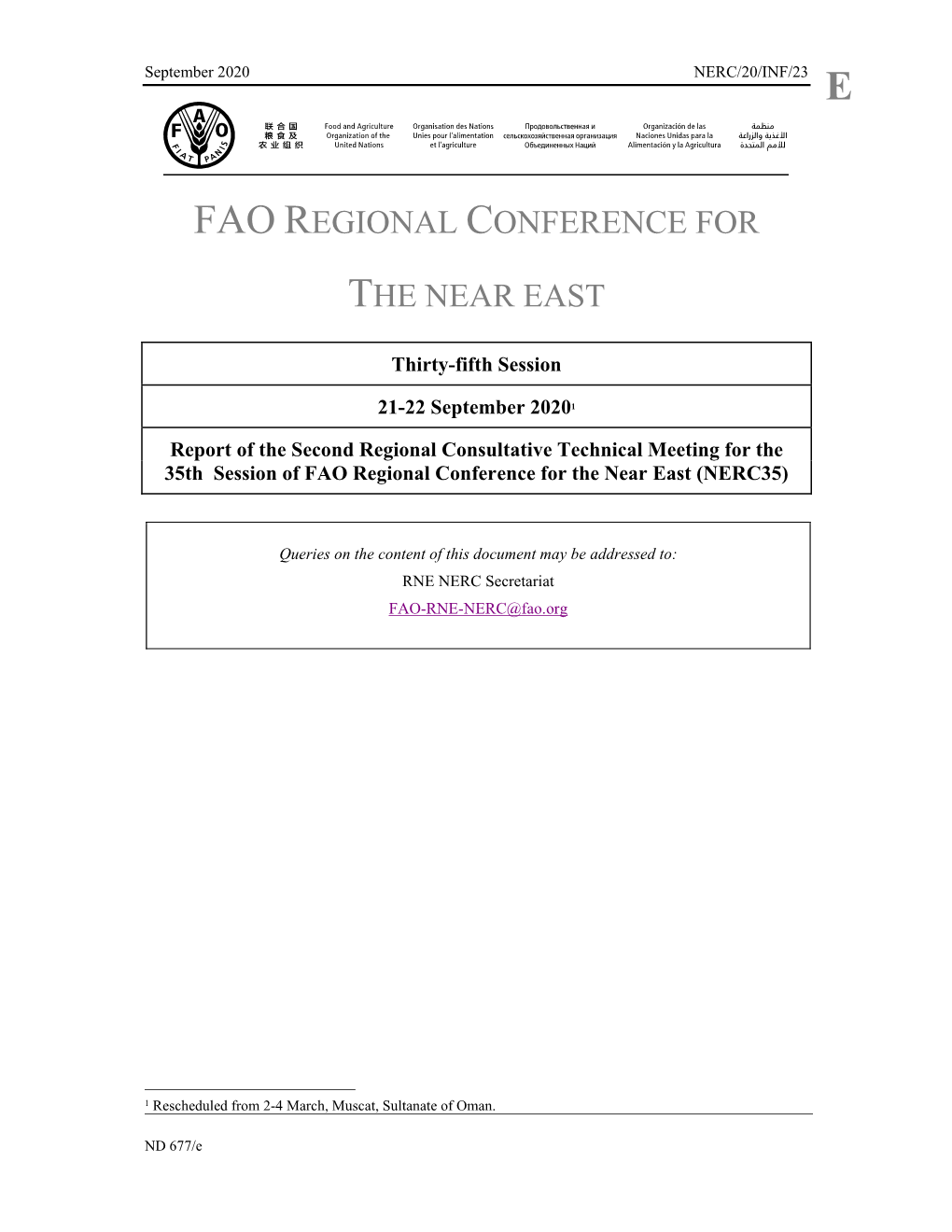 Report of the Second Regional Consultative Technical Meeting for the 35Th Session of FAO Regional Conference for the Near East (NERC35)