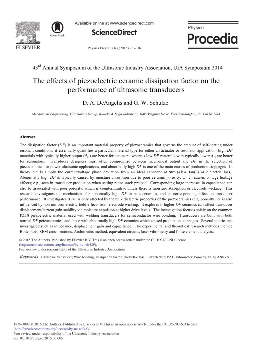 The Effects of Piezoelectric Ceramic Dissipation Factor on the Performance of Ultrasonic Transducers