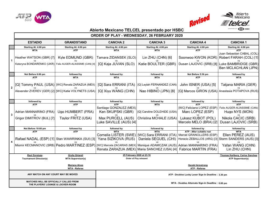 Abierto Mexicano TELCEL Presentado Por HSBC ORDER of PLAY - WEDNESDAY, 26 FEBRUARY 2020