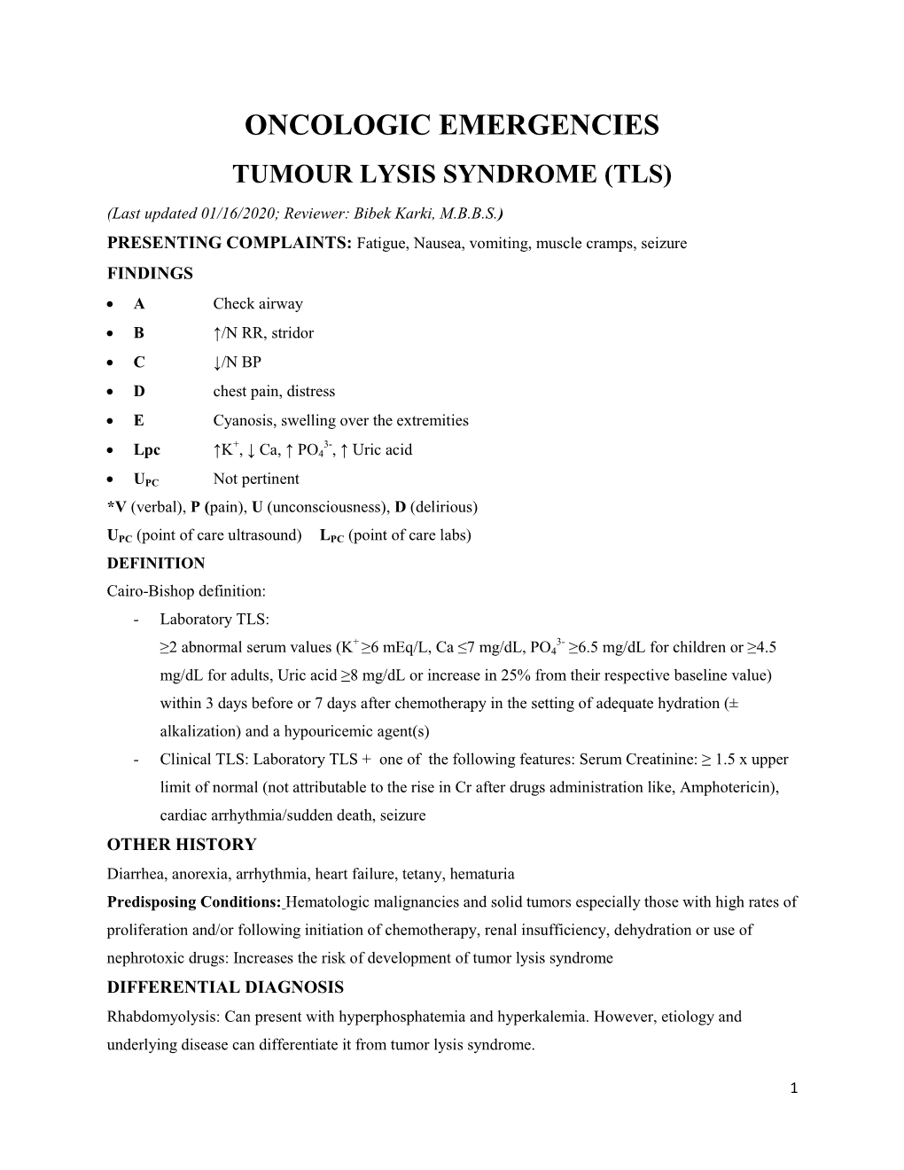 Oncologic-Tumor Lysis Syndrome