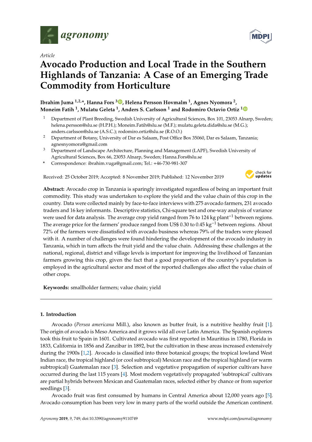 Avocado Production and Local Trade in the Southern Highlands of Tanzania: a Case of an Emerging Trade Commodity from Horticulture