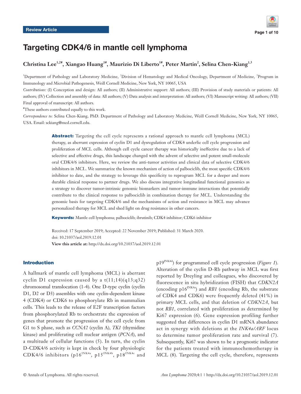 Targeting CDK4/6 in Mantle Cell Lymphoma