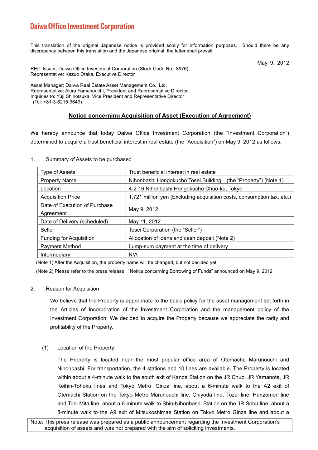 Notice Concerning Acquisition of Asset (Execution of Agreement)