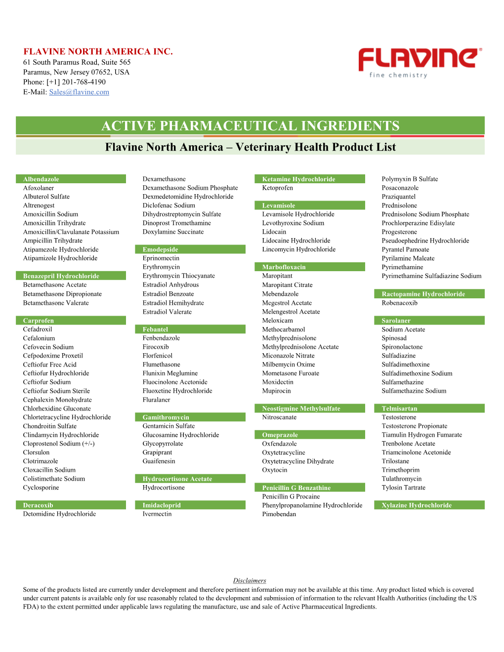 ACTIVE PHARMACEUTICAL INGREDIENTS Flavine North America – Veterinary Health Product List