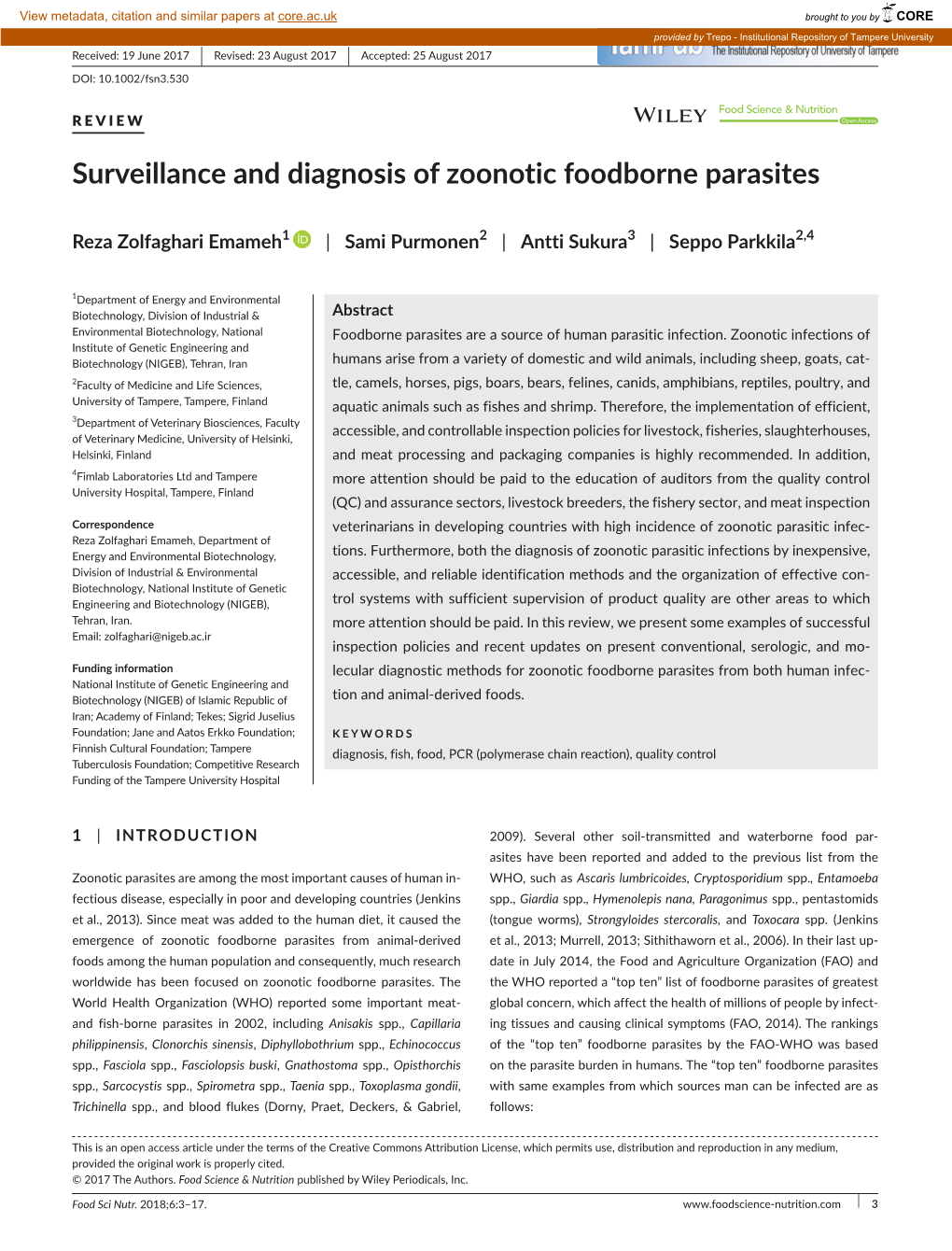 Surveillance and Diagnosis of Zoonotic Foodborne Parasites