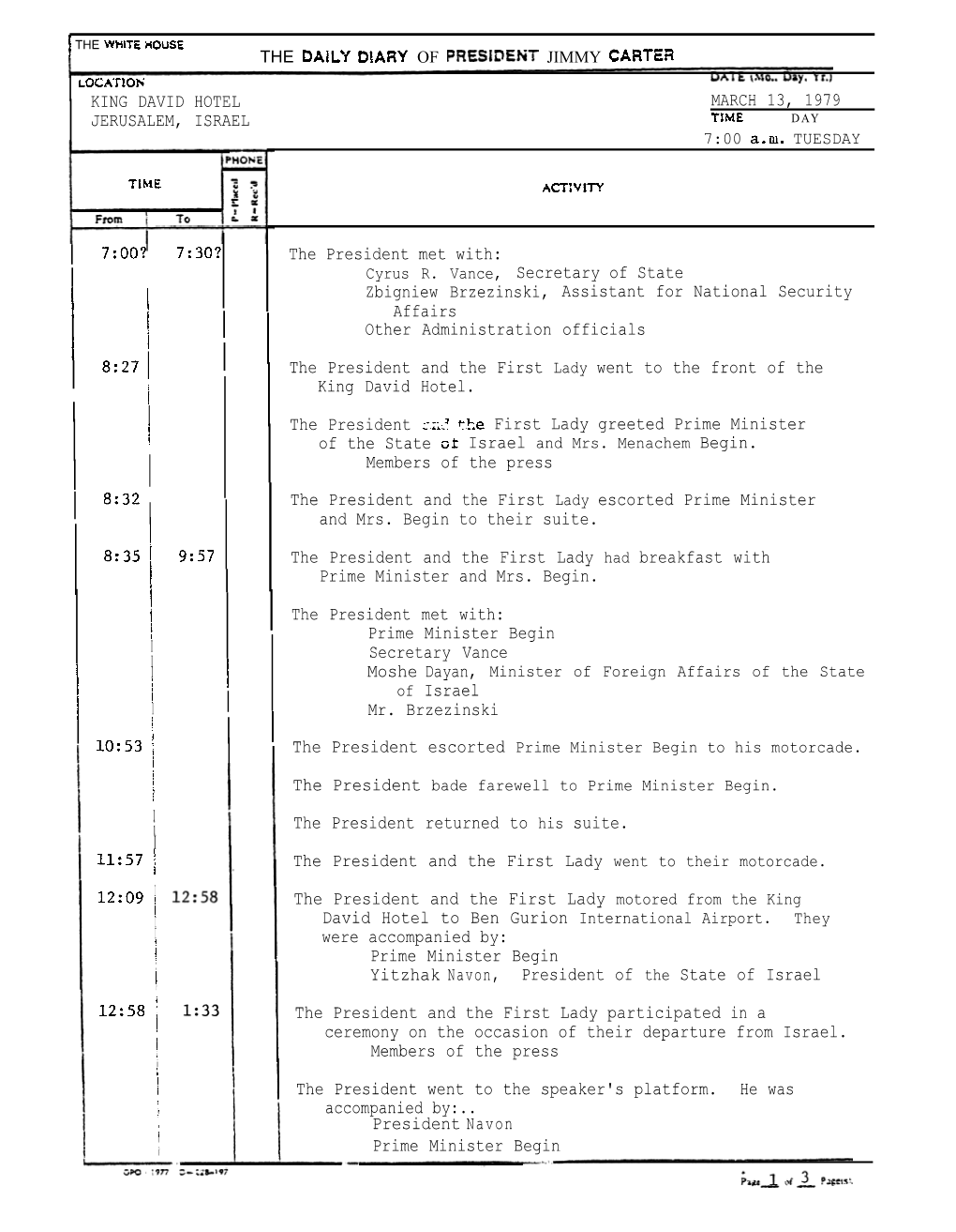 KING DAVID HOTEL JERUSALEM, ISRAEL MARCH 13, 1979 11:57 1 T