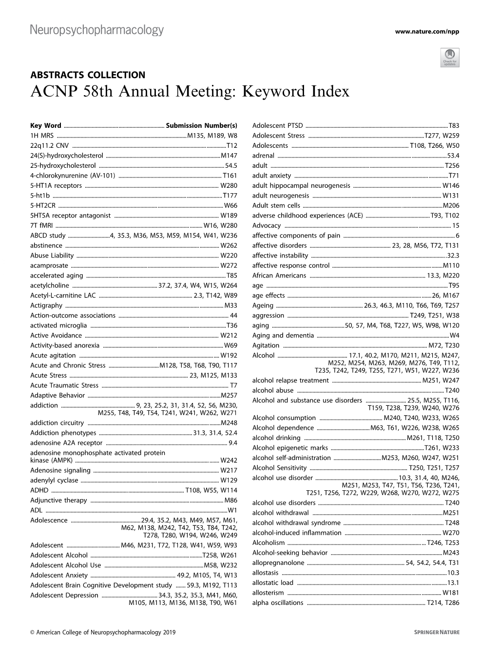 ACNP 58Th Annual Meeting: Keyword Index