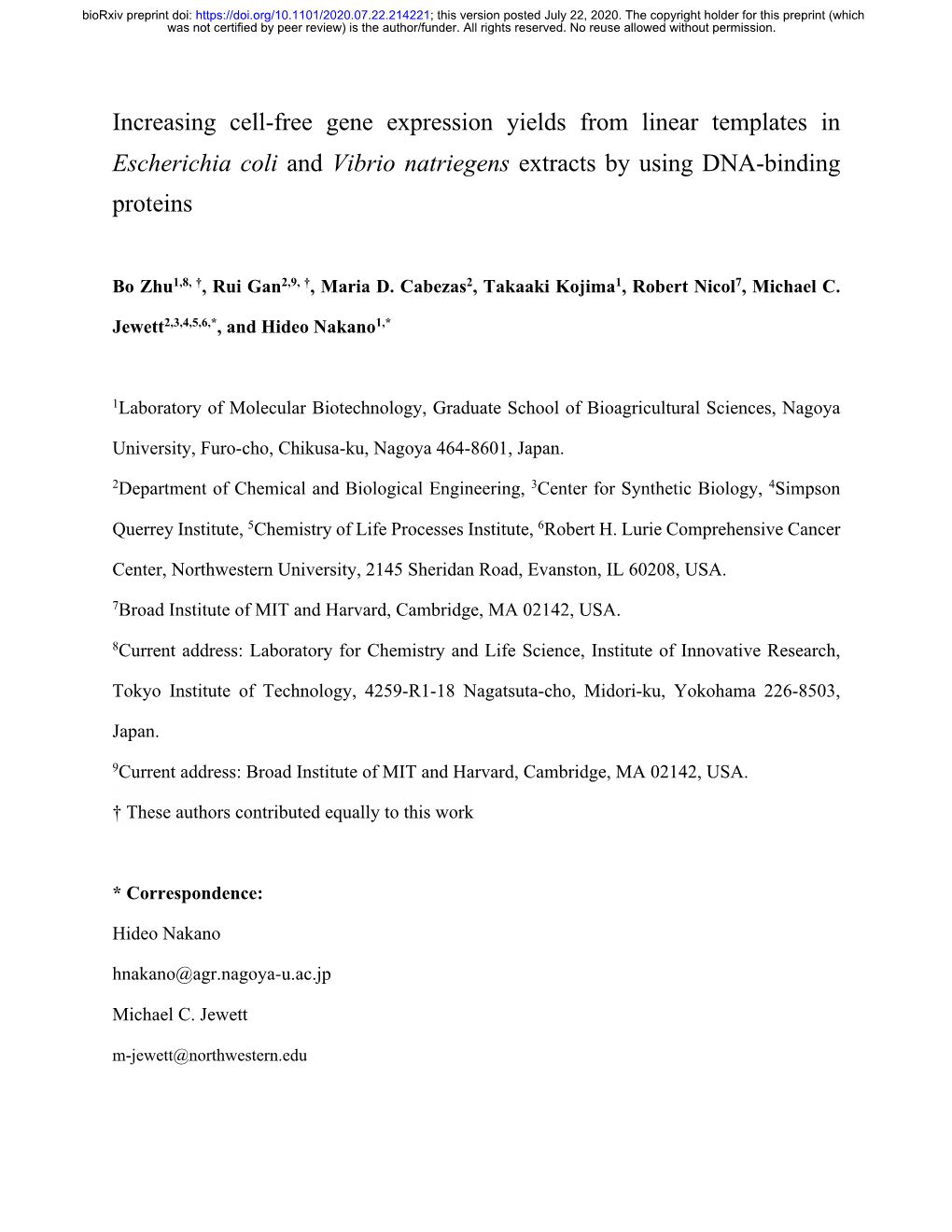 Increasing Cell-Free Gene Expression Yields from Linear Templates in Escherichia Coli and Vibrio Natriegens Extracts by Using DNA-Binding Proteins