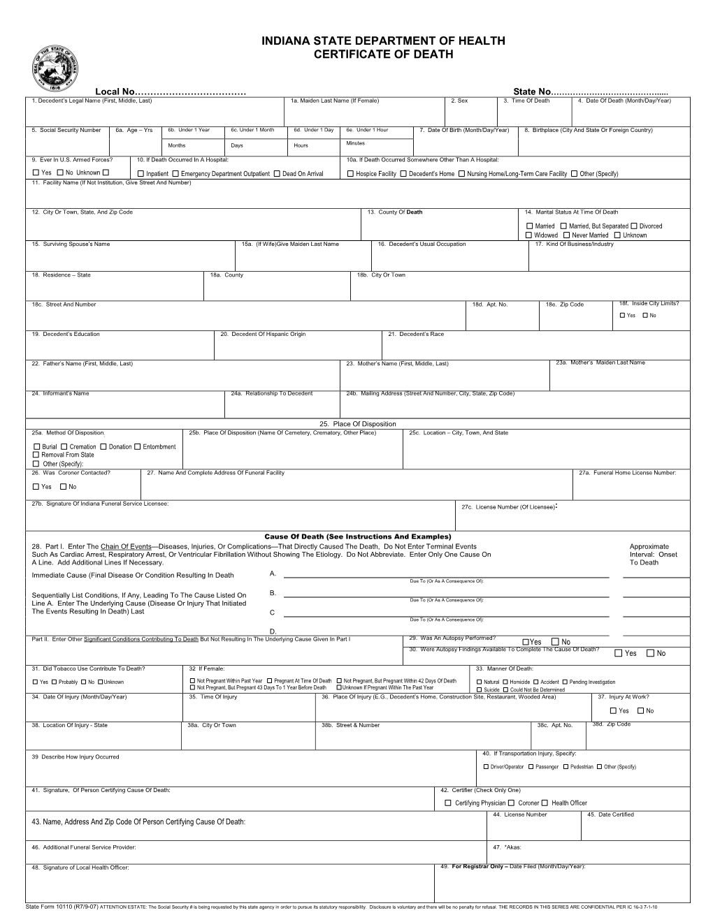 Indiana State Department of Health Certificate of Death