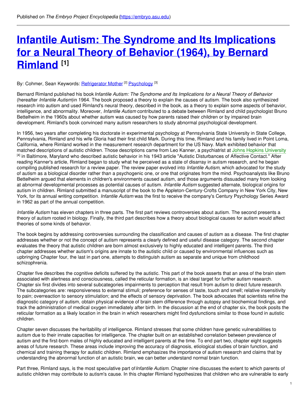 Infantile Autism: the Syndrome and Its Implications for a Neural Theory of Behavior (1964), by Bernard Rimland [1]