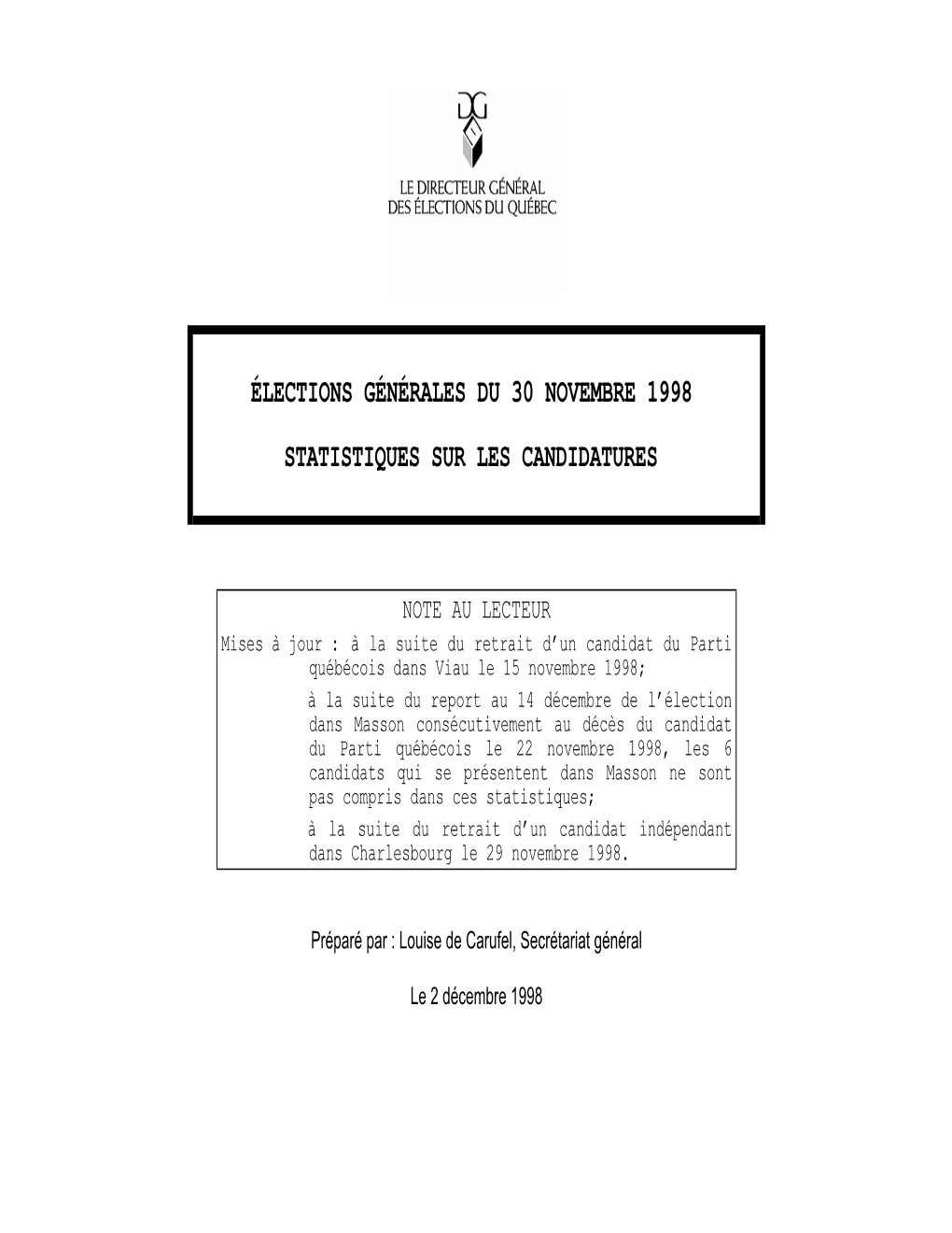 Élections Générales Du 30 Novembre 1998 Statistiques