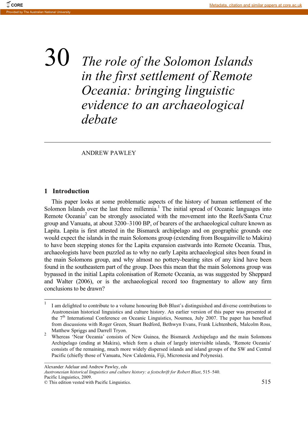 30 the Role of the Solomon Islands in the First Settlement of Remote Oceania: Bringing Linguistic Evidence to an Archaeological Debate