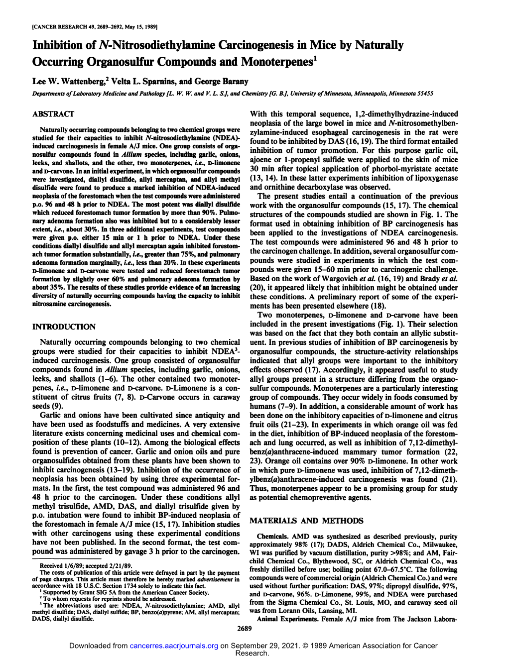 Inhibition of Af-Nitrosodiethylamine Carcinogenesis in Mice by Naturally Occurring Organosulfur Compounds and Monoterpenes'