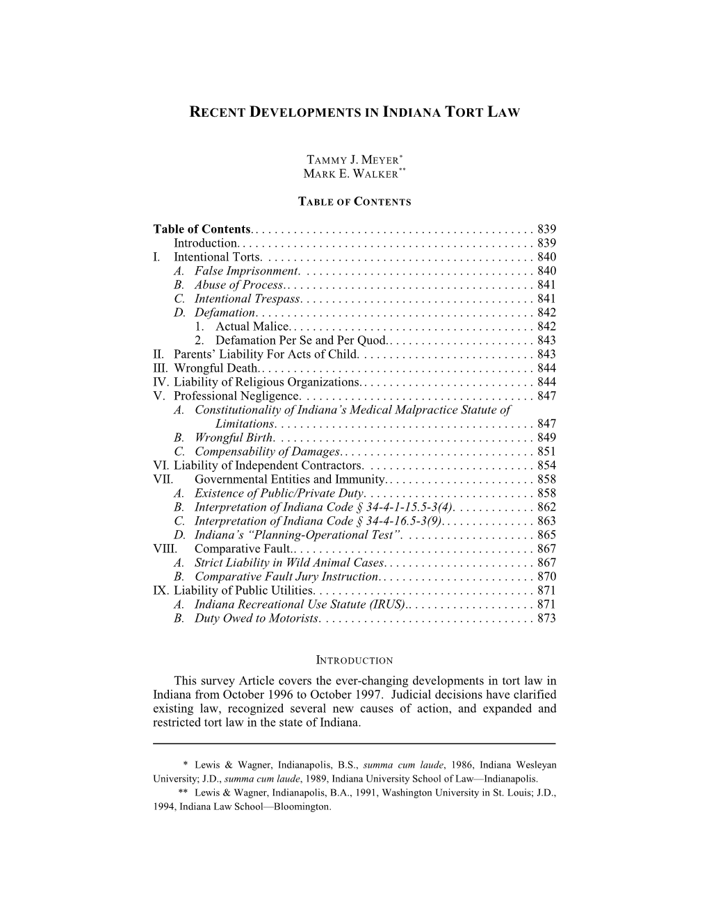 RECENT DEVELOPMENTS in INDIANA TORT LAW Table Of