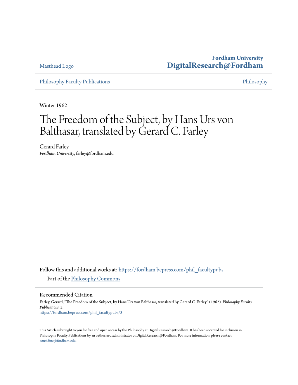 The Freedom of the Subject, by Hans Urs Von Balthasar, Translated By