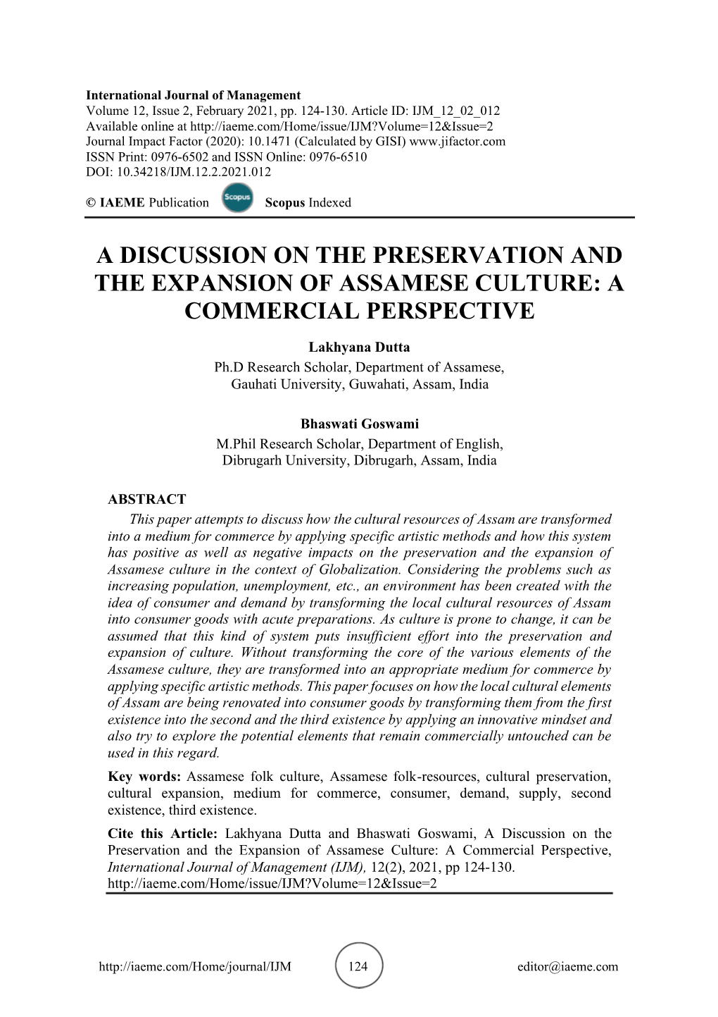 A Discussion on the Preservation and the Expansion of Assamese Culture: a Commercial Perspective