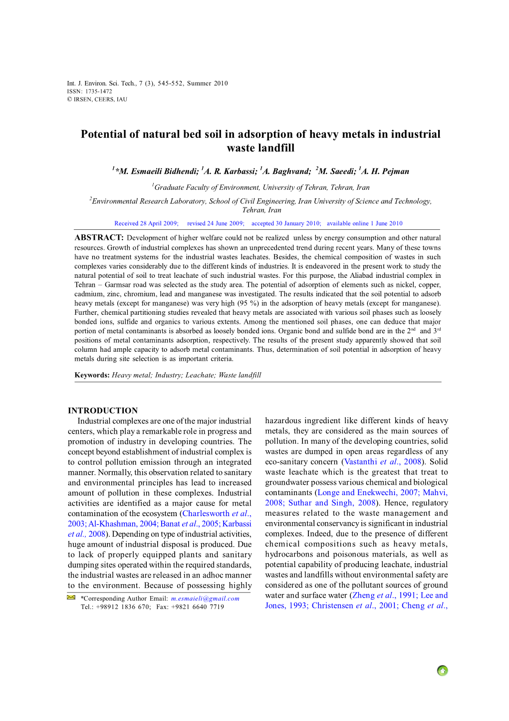 Potential of Natural Bed Soil in Adsorption of Heavy Metals in Industrial Waste Landfill