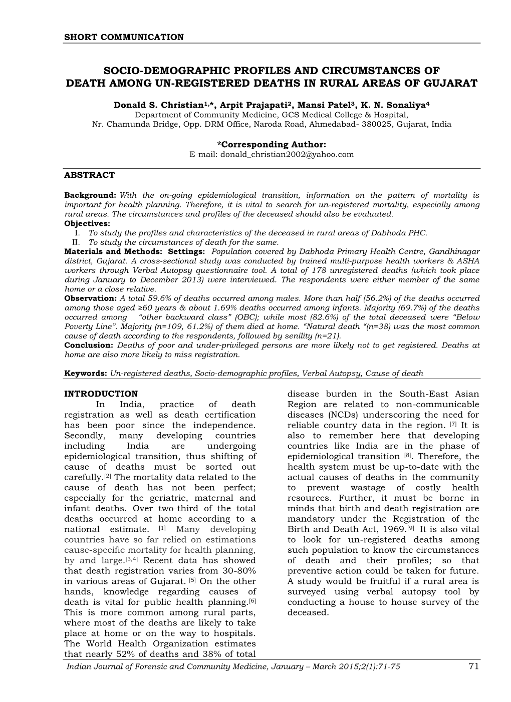 Socio-Demographic Profiles and Circumstances of Death Among Un-Registered Deaths in Rural Areas of Gujarat