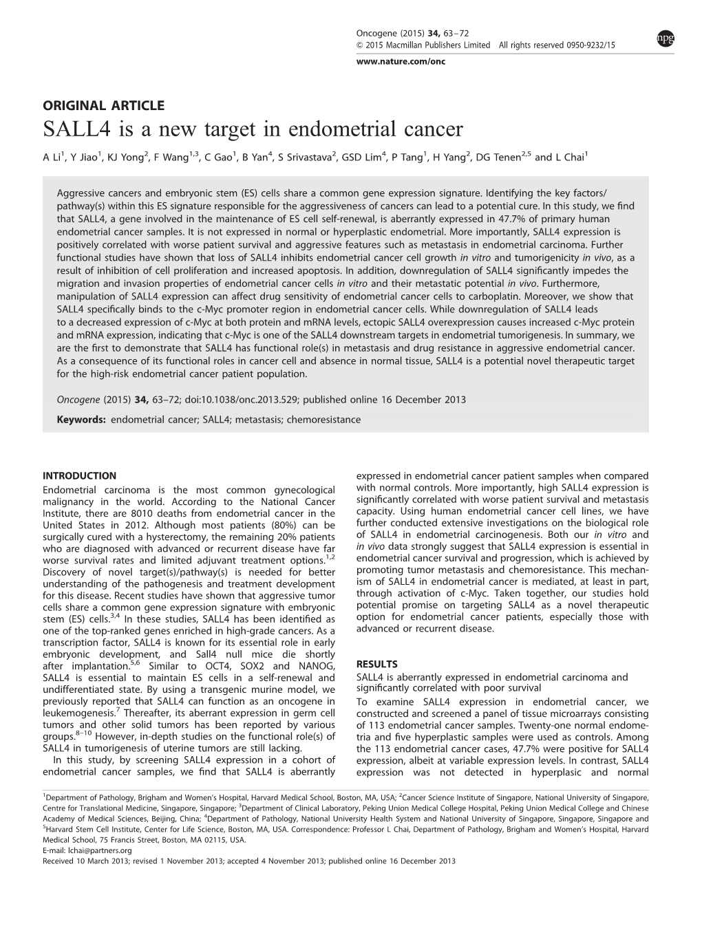 SALL4 Is a New Target in Endometrial Cancer