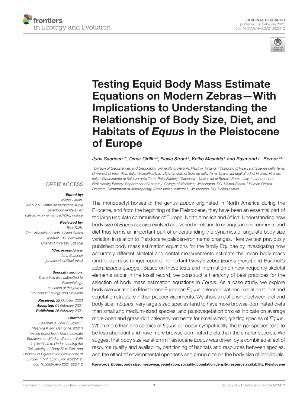 Testing Equid Body Mass Estimate Equations on Modern Zebras—With