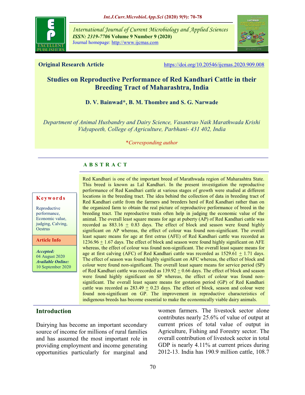 Studies on Reproductive Performance of Red Kandhari Cattle in Their Breeding Tract of Maharashtra, India