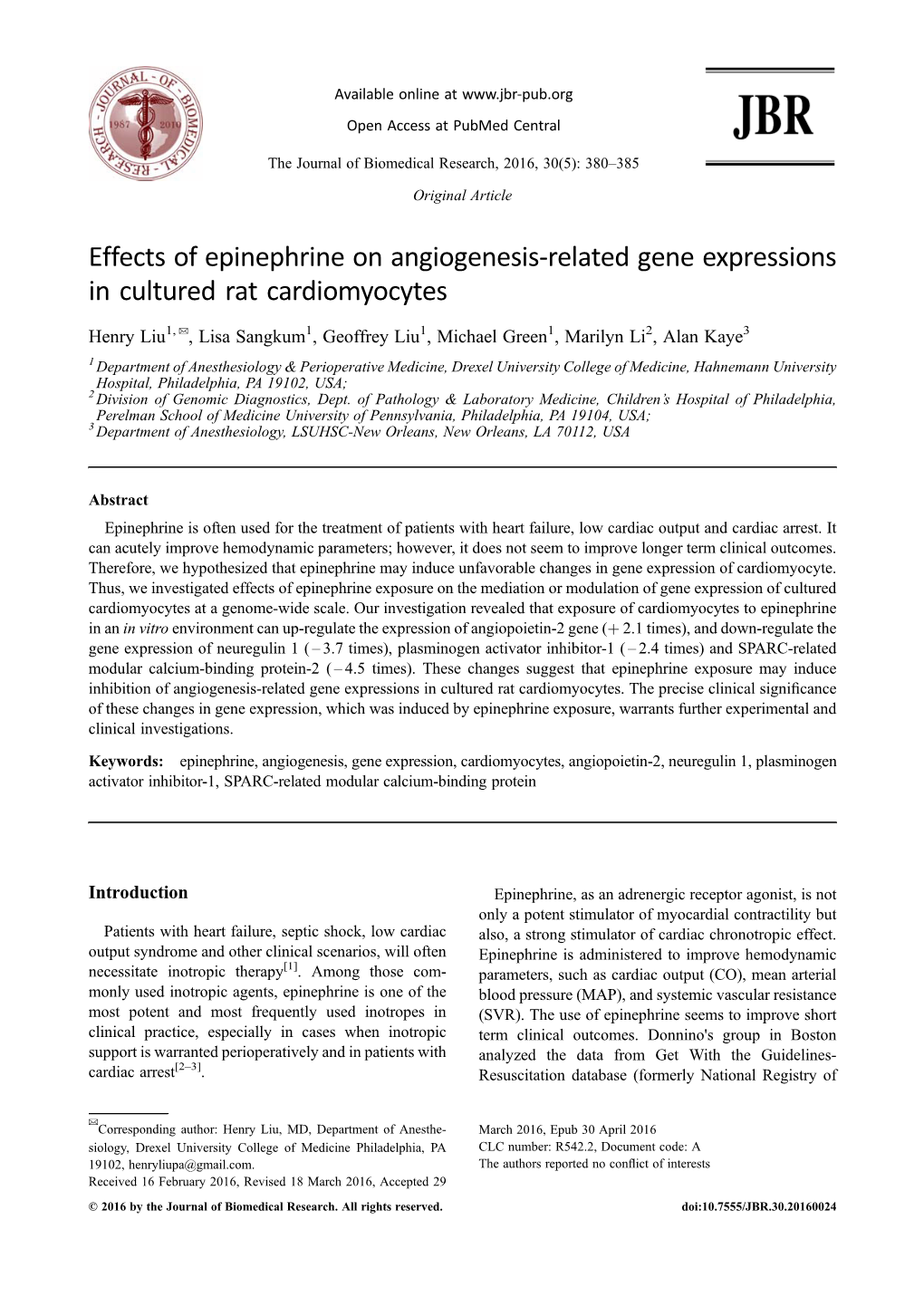 Effects of Epinephrine on Angiogenesis-Related Gene Expressions in Cultured Rat Cardiomyocytes