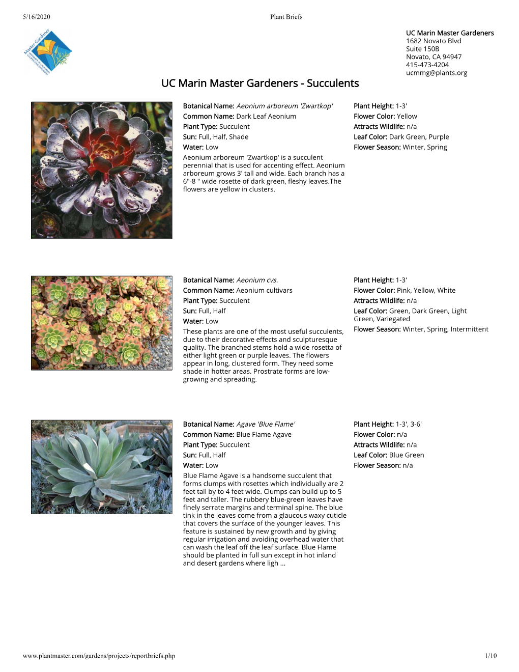 UC Marin Master Gardeners 1682 Novato Blvd Suite 150B Novato, CA 94947 415-473-4204 Ucmmg@Plants.Org UC Marin Master Gardeners - Succulents