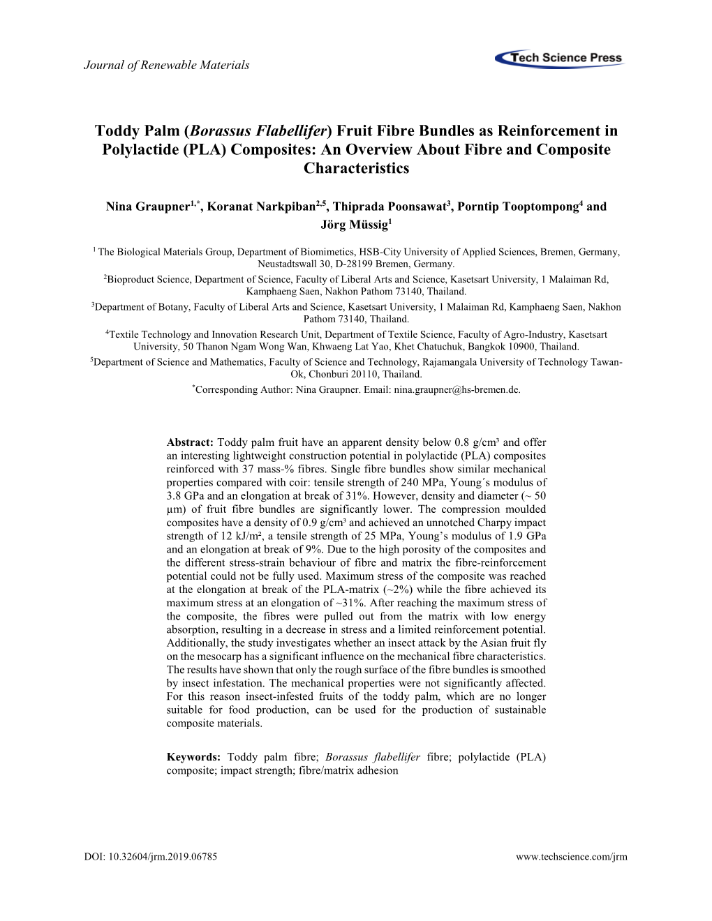 Toddy Palm (Borassus Flabellifer) Fruit Fibre Bundles As Reinforcement in Polylactide (PLA) Composites: an Overview About Fibre and Composite Characteristics