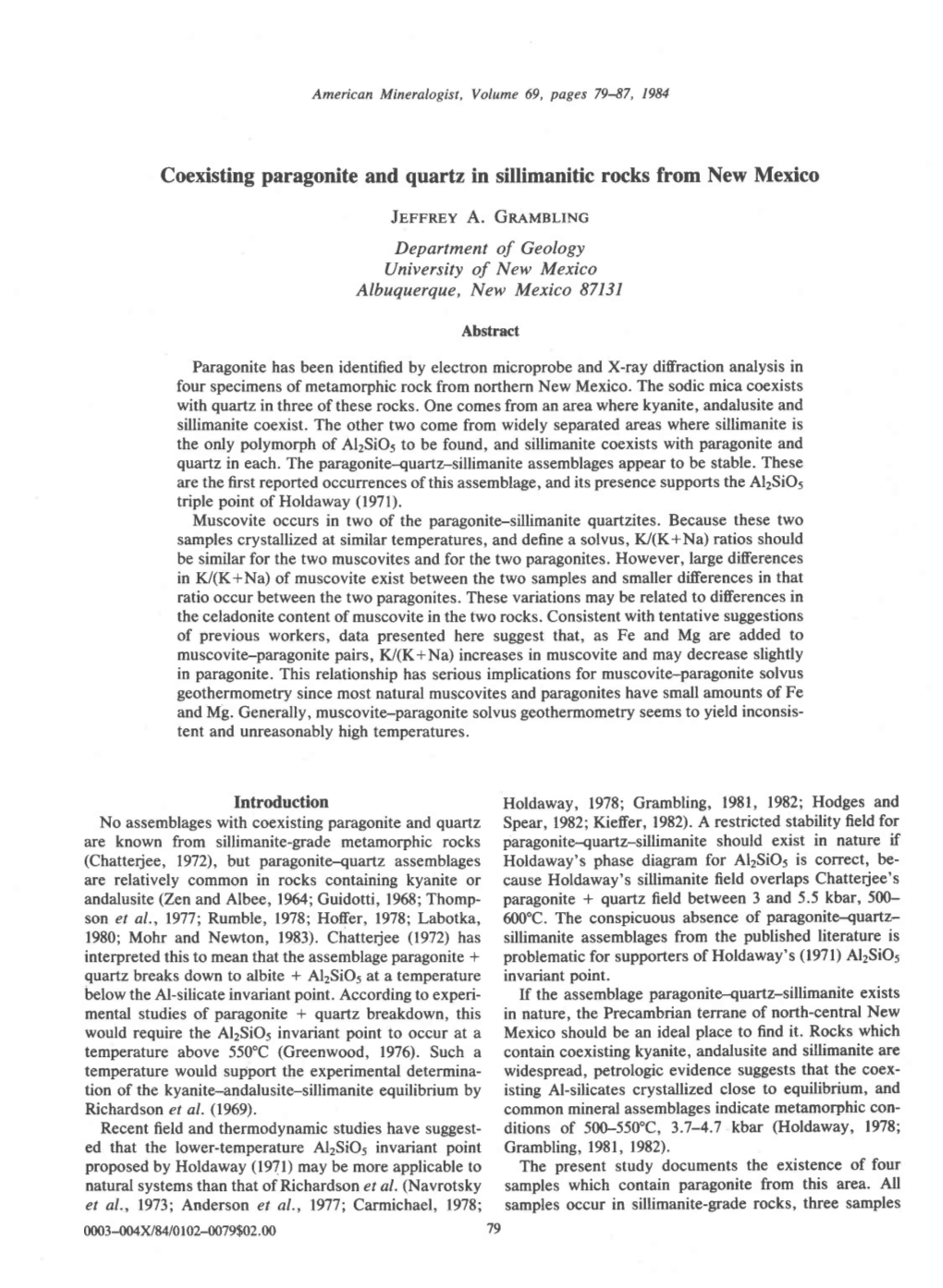 Coexisting Paragonite and Quartz in Sillimanitic Rocks from New Mexico