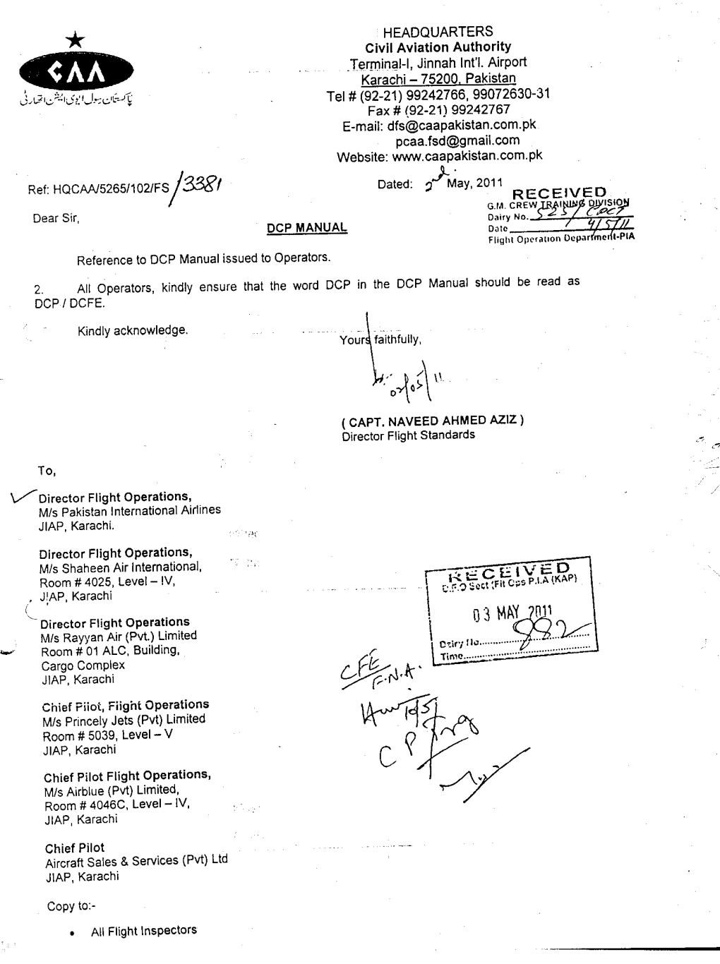 DCP MANUAL Flight Operation Depar Mm I-PIA Reference to DCP Manual Issued to Operators