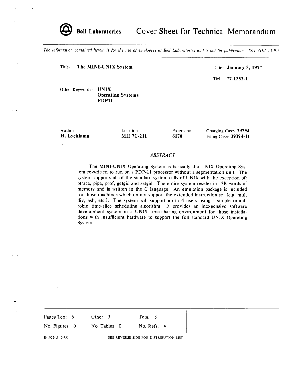 Cover Sheet for Technical Memorandum