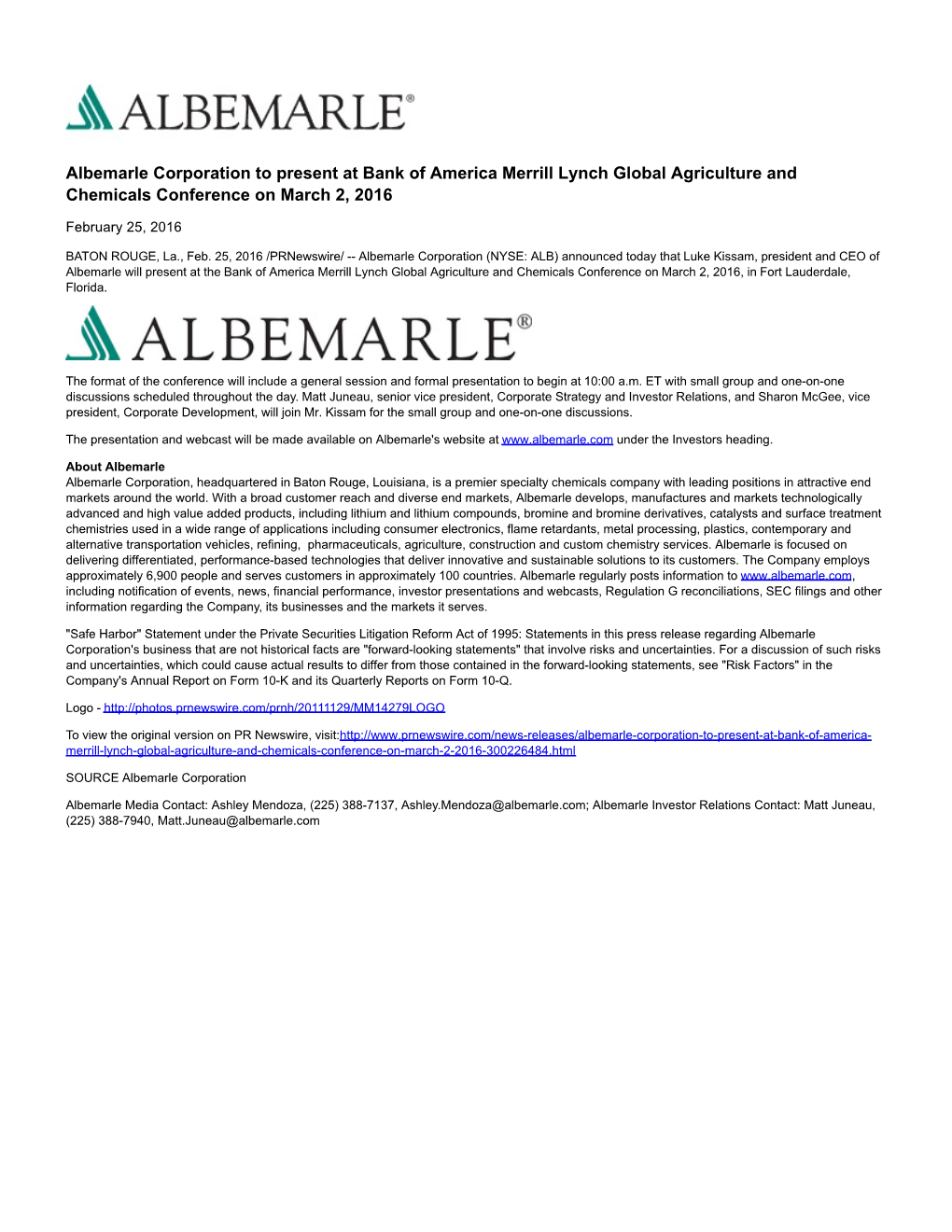 Albemarle Corporation to Present at Bank of America Merrill Lynch Global Agriculture and Chemicals Conference on March 2, 2016