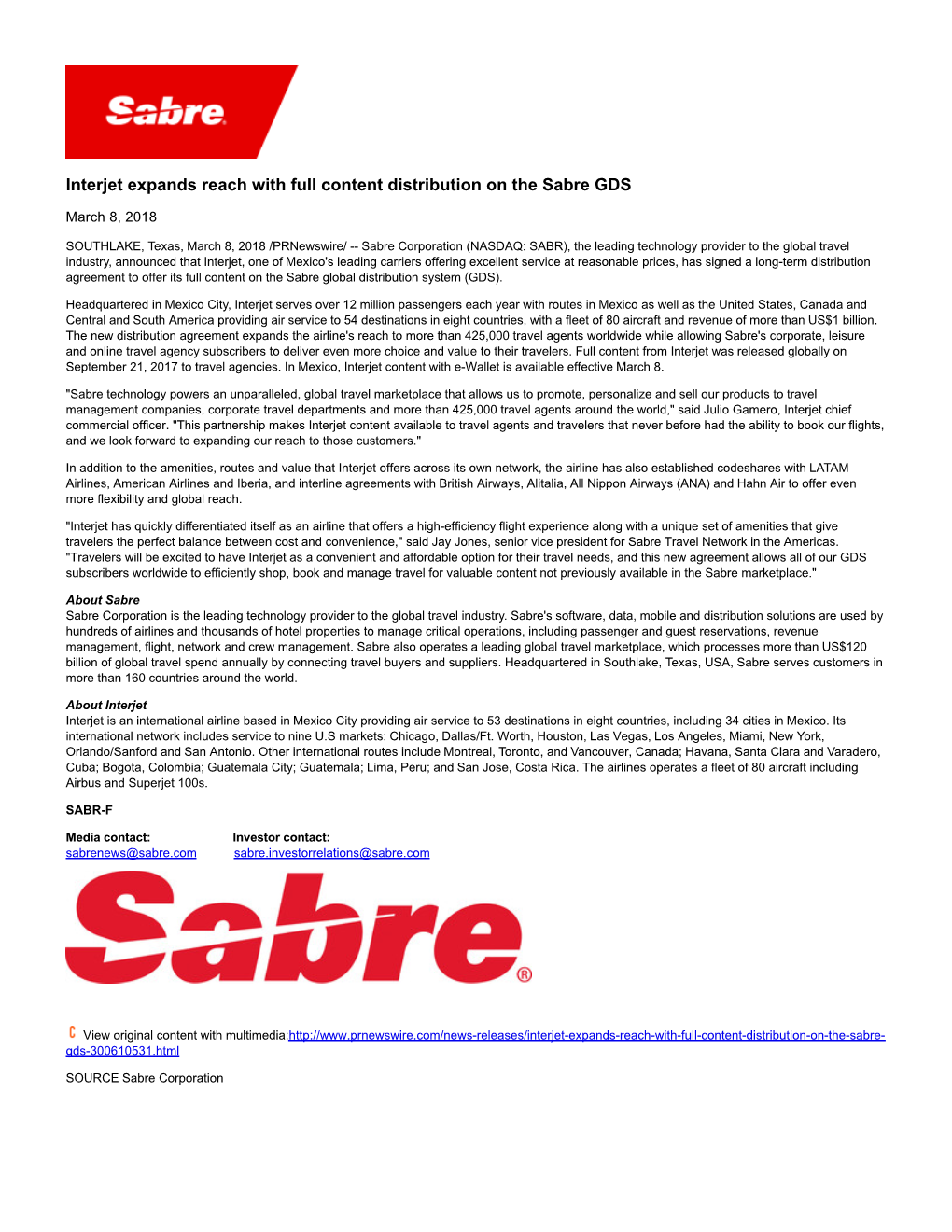 Interjet Expands Reach with Full Content Distribution on the Sabre GDS