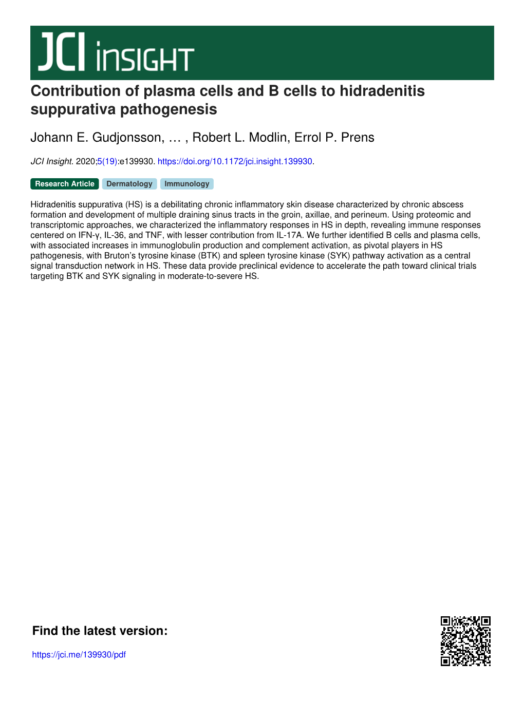 Contribution of Plasma Cells and B Cells to Hidradenitis Suppurativa Pathogenesis