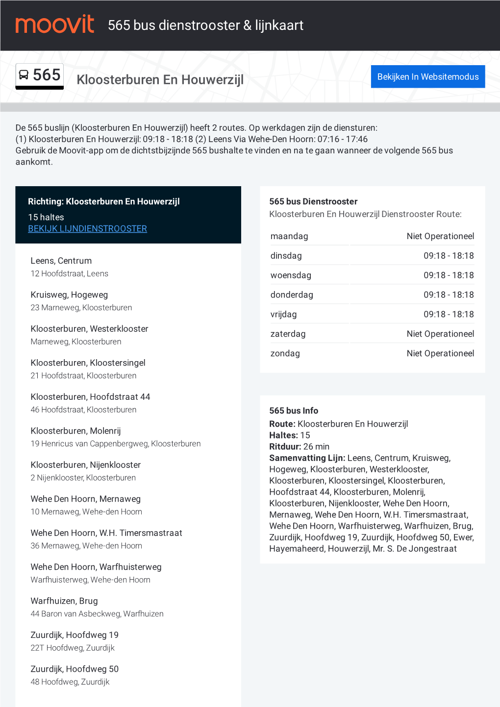 565 Bus Dienstrooster & Lijnroutekaart