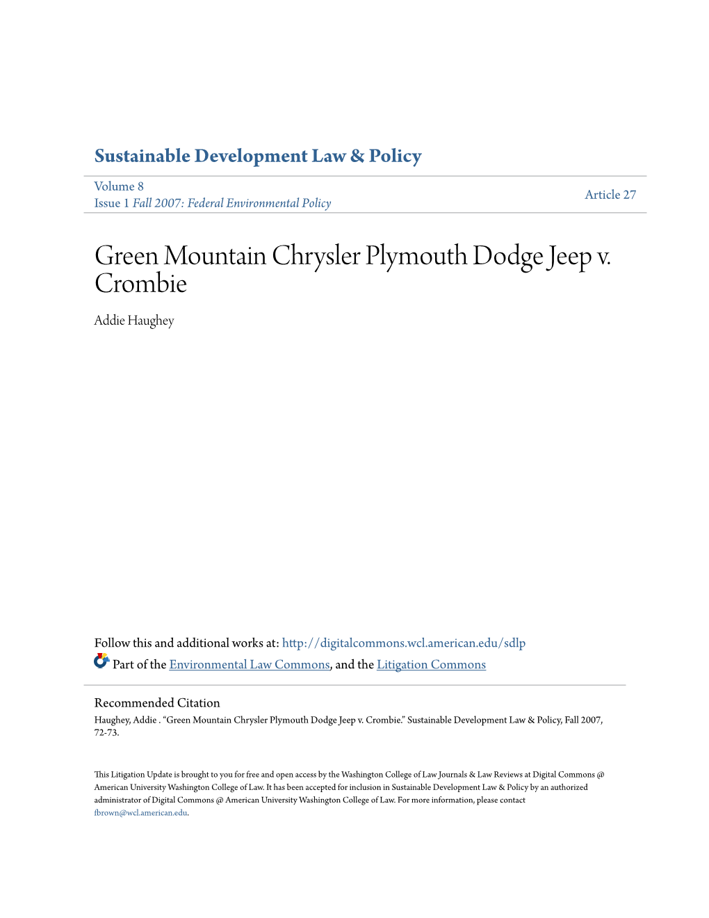 Green Mountain Chrysler Plymouth Dodge Jeep V. Crombie Addie Haughey