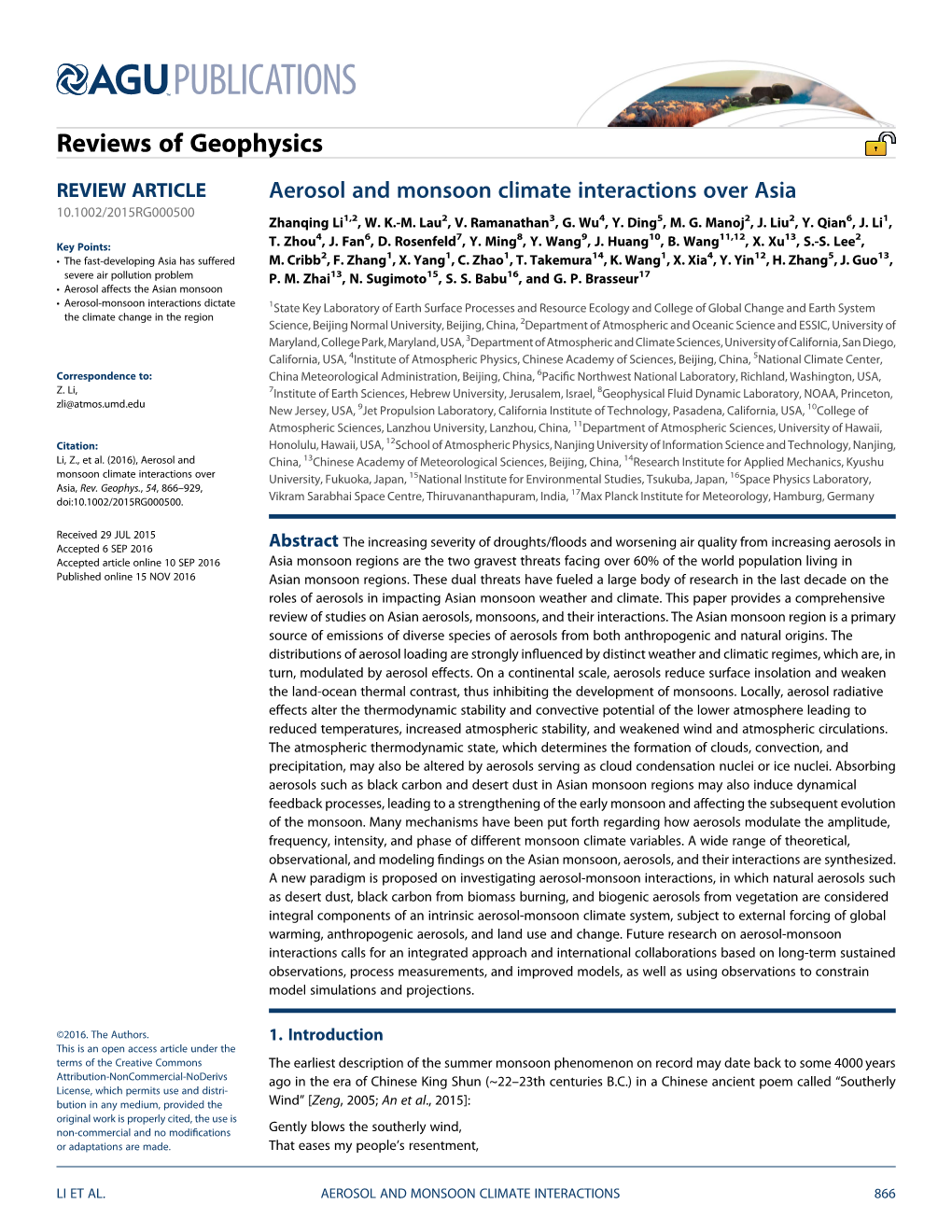 Aerosol and Monsoon Climate Interactions Over Asia 10.1002/2015RG000500 Zhanqing Li1,2, W