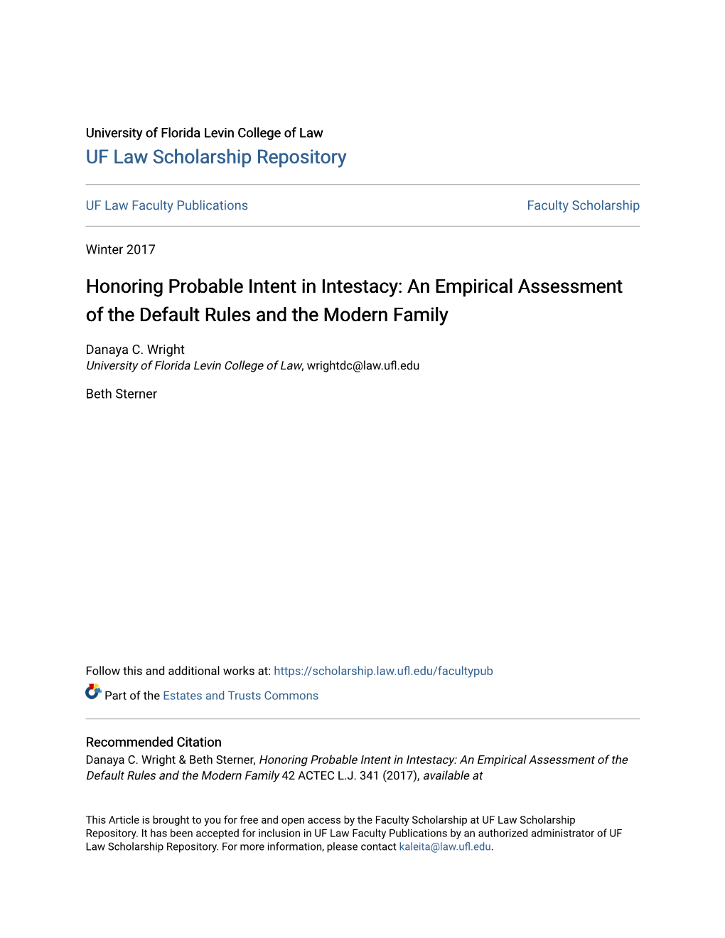 Honoring Probable Intent in Intestacy: an Empirical Assessment of the Default Rules and the Modern Family