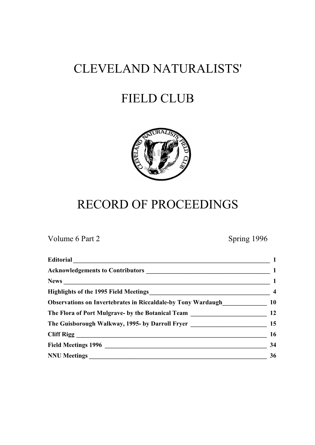Cleveland Naturalists' Field Club Record of Proceedings