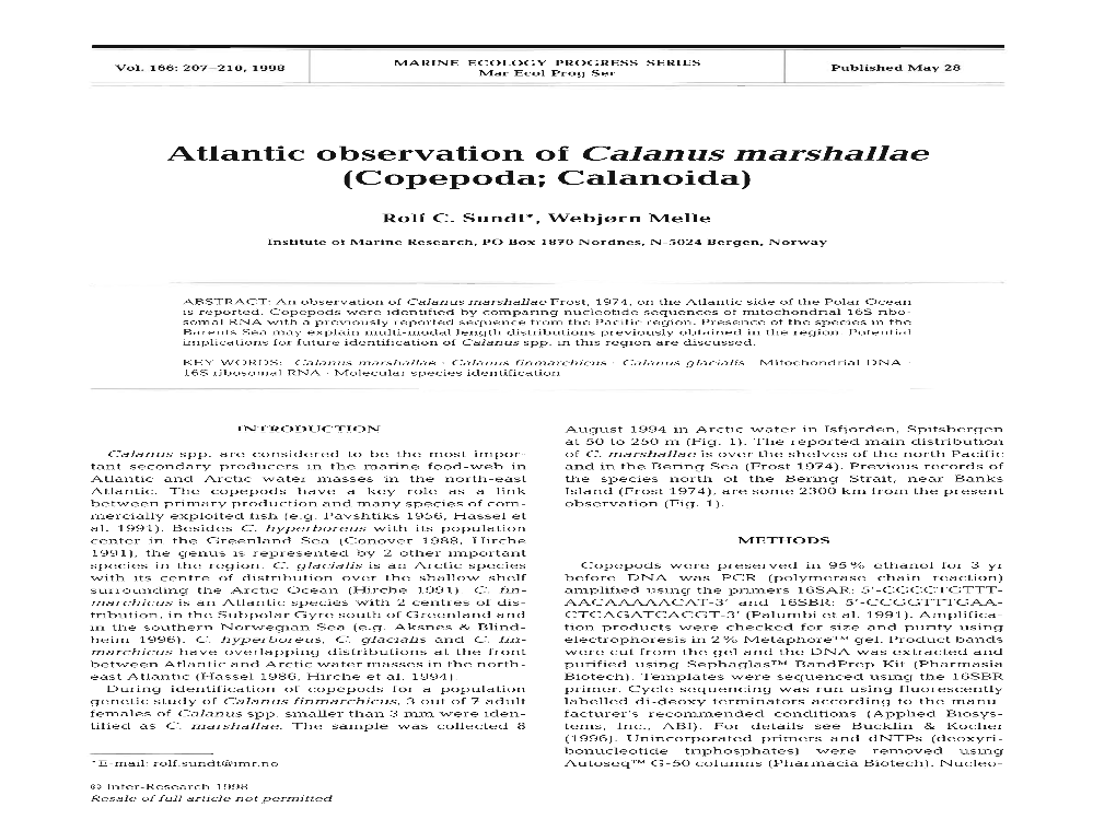 Atlantic Observation of Calanus Marshallae (Copepoda; Calanoida)