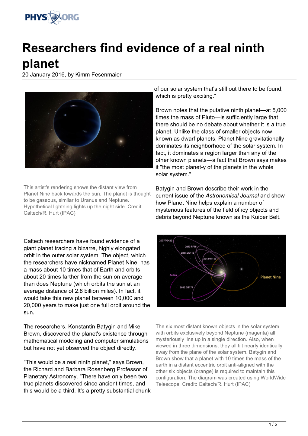 Researchers Find Evidence of a Real Ninth Planet 20 January 2016, by Kimm Fesenmaier