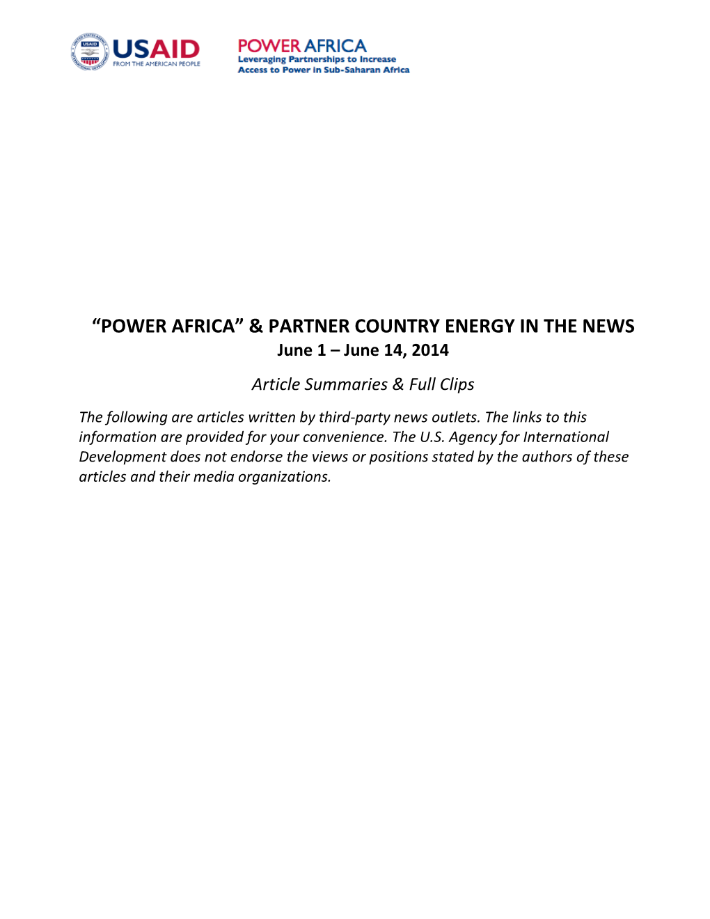 “Power Africa” & Partner Country Energy in the News