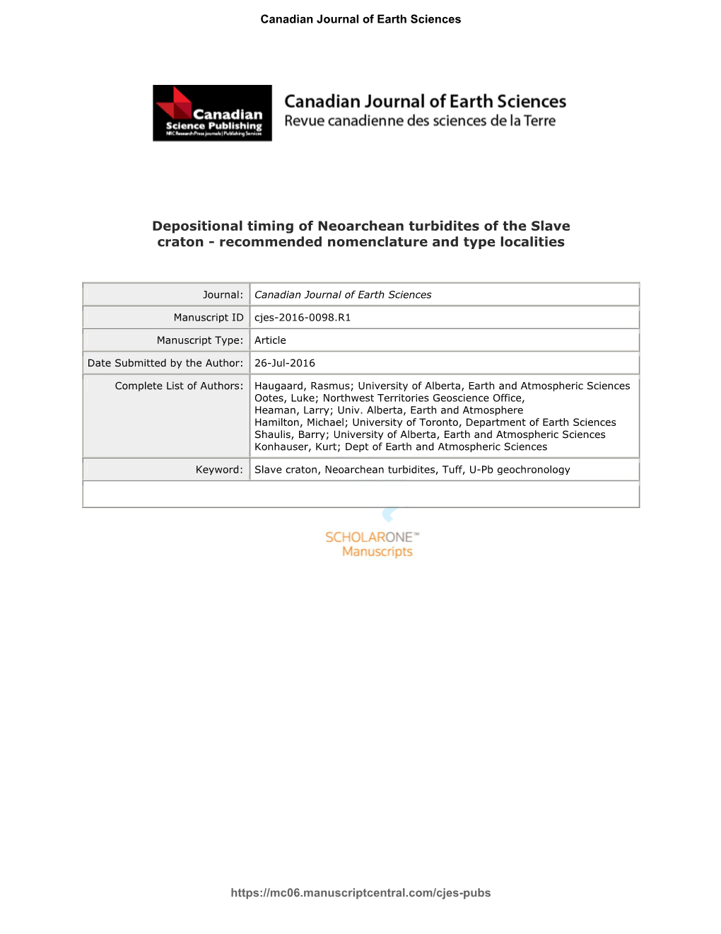 Depositional Timing of Neoarchean Turbidites of the Slave Craton - Recommended Nomenclature and Type Localities