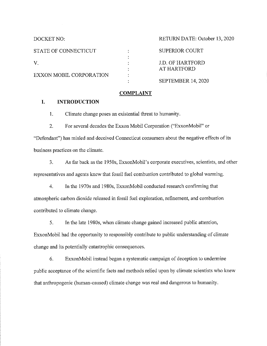 Docket No: State of Connecticut V. Exxon Mobil